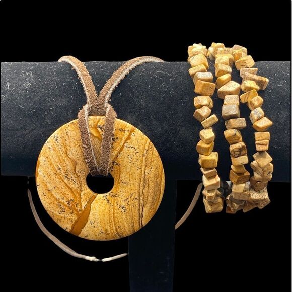 Jasper Disc necklace on leather cord and matching stretch wrap bracelet - Picture 1 of 11